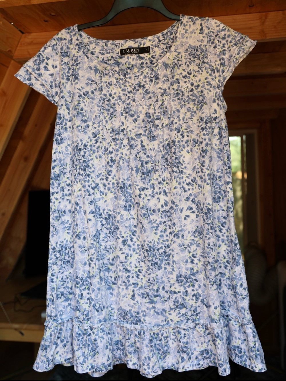 Lauren Ralph Lauren Nightgown S Blue Floral Cap Sleeve Pintuck Ruffle Hem